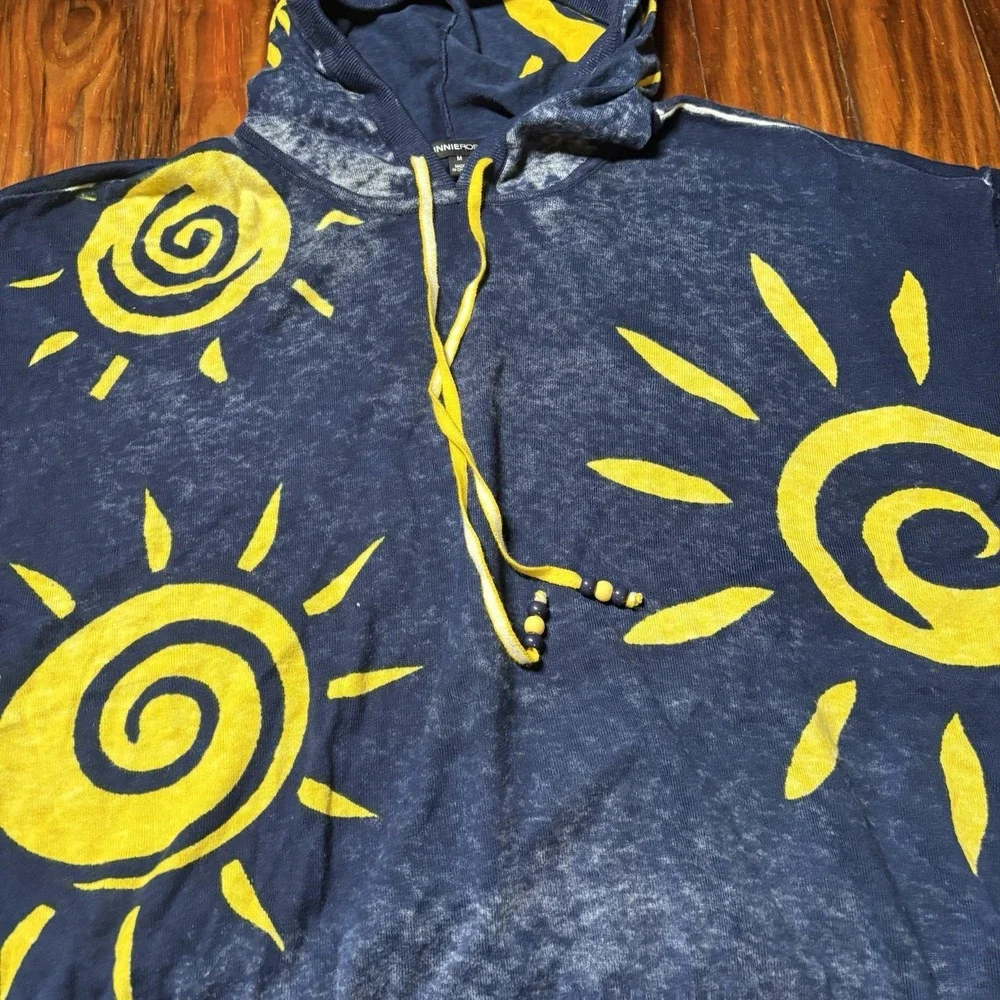 Minnie Rose Celestial Sun Blue Yellow Burnout Hoodie Cashmere Blend M Baja Boho
